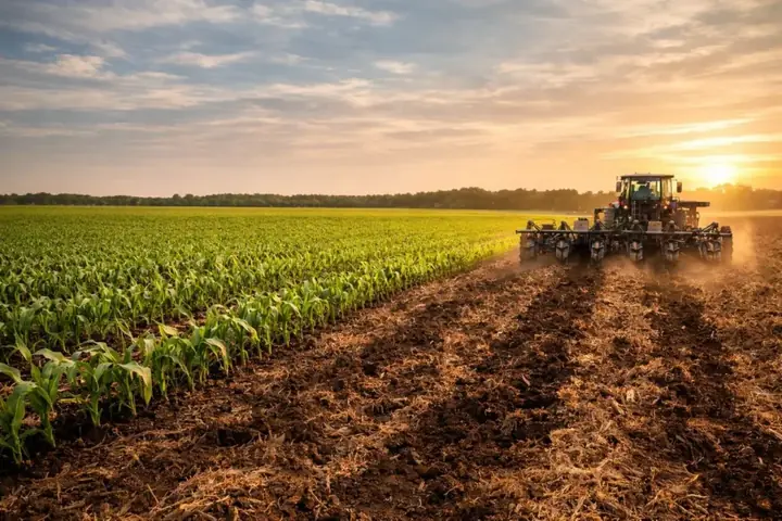 Strip till equipment working across a corn field at sunset